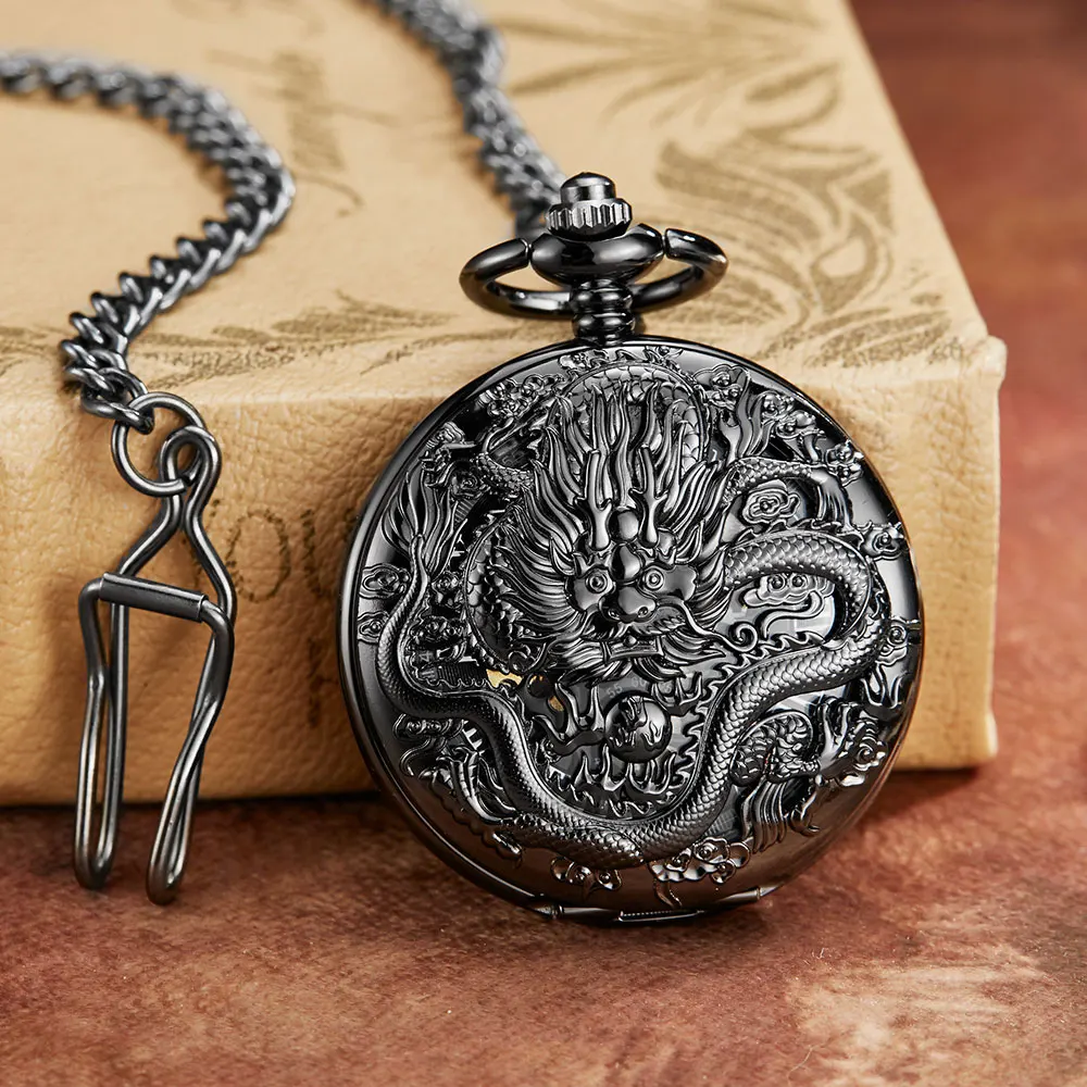 Vintage Golden Dragon Phoenix Hollow Exquisite Sculpture Skeleton Mechanical Pocket Watches Retro Men Chains Lucky Lover Wedding