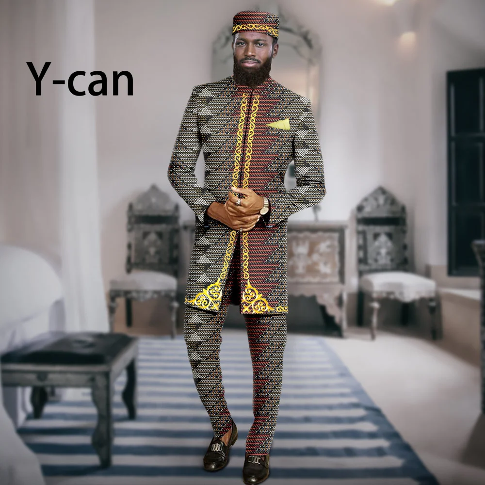 Men suits African Clothes Slim Fit Set Vacation Dashiki Embroidery Jacket and Trousers Muslim Caps Bazin Riche  Attire A2316065