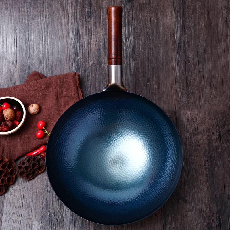 

Handmade Iron Pot 32CM Uncoated Traditional Iron Wok Wooden Handle Non-stick Wok Gas Cooker Pan Kitchen Cookware