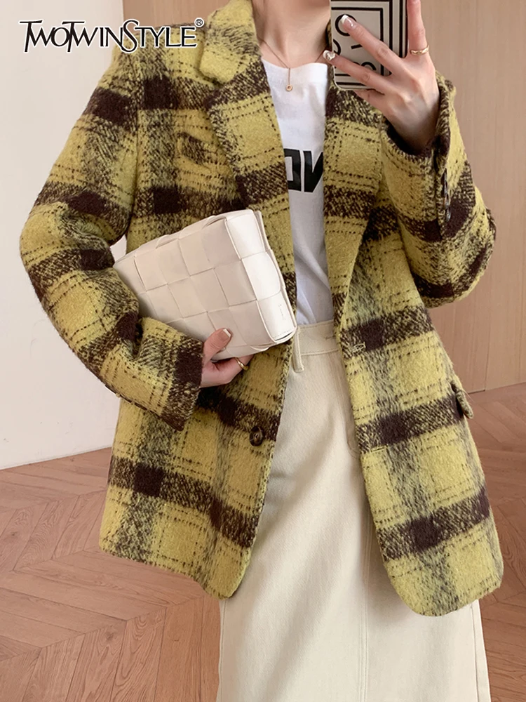 

TWOTWINSTYLE Plaid Blazer For Women Notched Collar Long Sleeve Single Breasted Colorblock Patchwork Pockets Coats Female Vintage