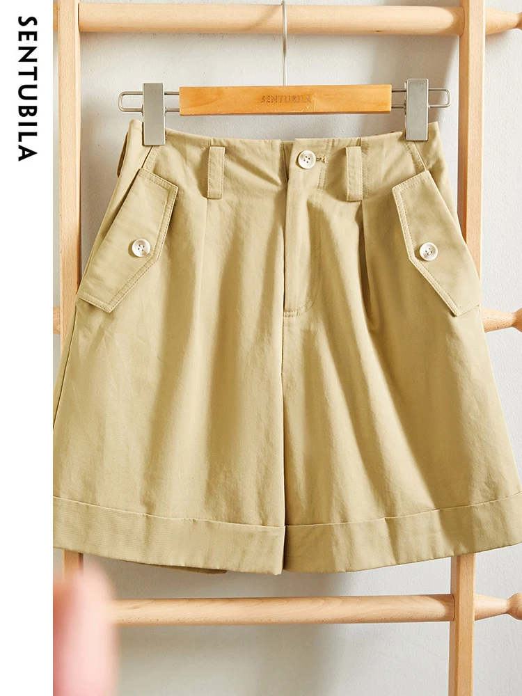 Sentubila 100% Cotton Khaki Summer Shorts Pants for Women 2023 Fashion Office Lady Elastic High Waist Straight Wide Leg Pant
