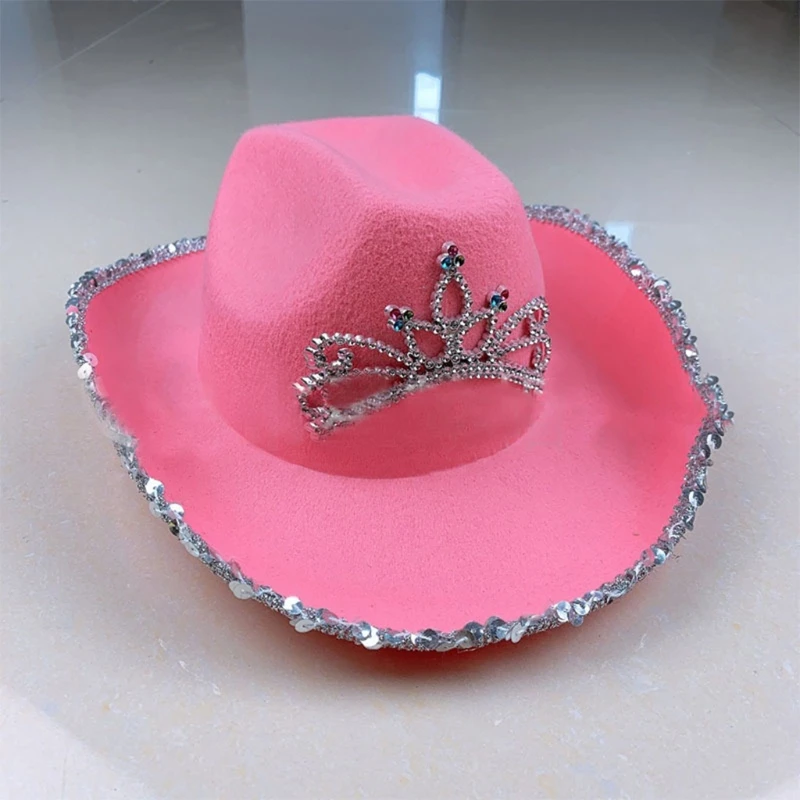 Cowgirl Hat in Pink with Feather Made Selvege Wool Felt Fedora Tiara Decorated Hat with Shining Sequins Great as Gift