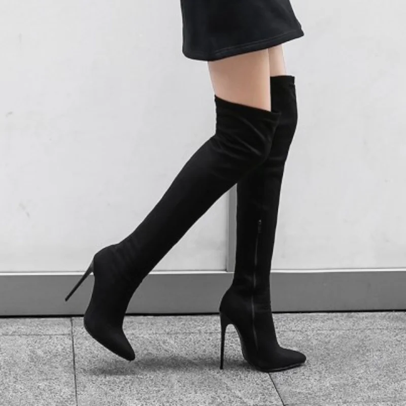 Black Leather Thigh High Boots 2023 New High Quality Women Shoes Sexy Thin Heel Pointed Toe Over The Knee Boots Lady