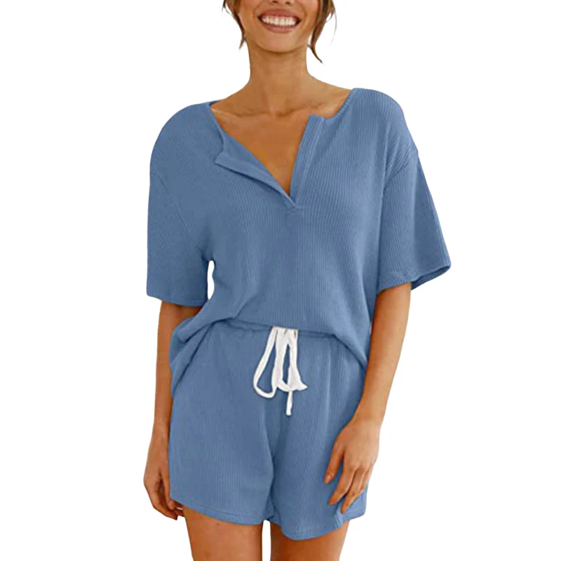 

Women Short Sleeve Pajama Set Loungewear with Pockets Casual Pjs Sets V-neck Ribbed Tops And Shorts Sleepwear 2pcs /Set