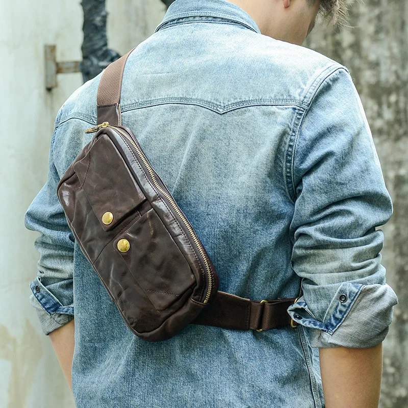 Vintage casual genuine leather men small chest bag fashion daily luxury natural real cowhide waist pack sports messenger bag