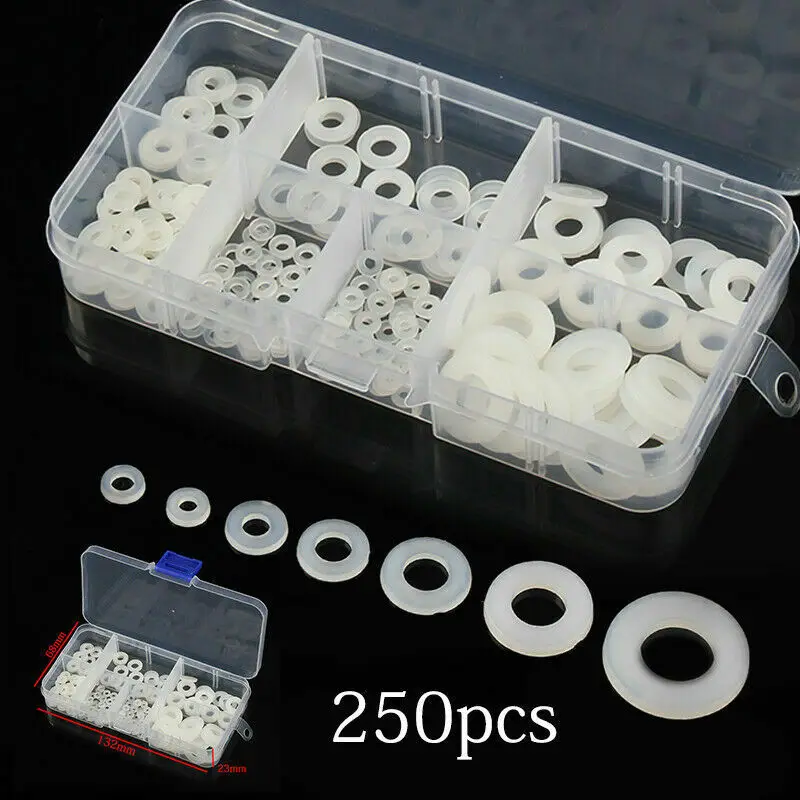 

250PCS Nylon Washers M2 M2.5 M3 M4 M5 M6 M8 Nylon Washers Plastic Insulation Spacers Seals White Set Gasket Ring Kit Flat Washer