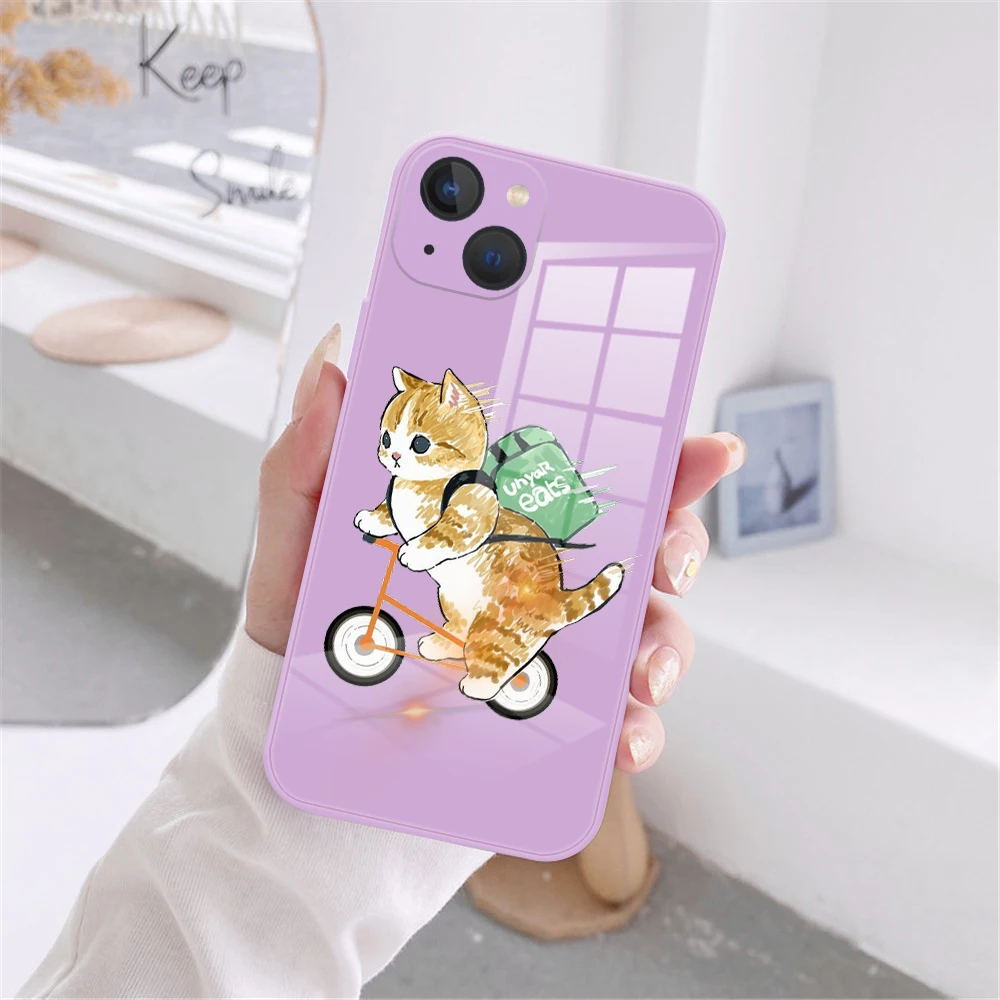 

Cute and Fun Cartoon Cat Purple Toughened Glass Anti-fall Case Suitable for IPhone 14 13 12 11 Pro Max X XR XSMAX 12 13 Mini
