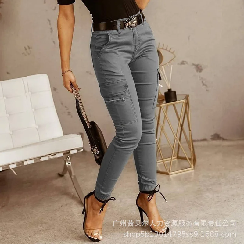 

Женские брюки-карандаш без пояса, повседневные зеленые однотонные брюки в стиле милитари с маленькими штанинами и карманами, новинка 2022