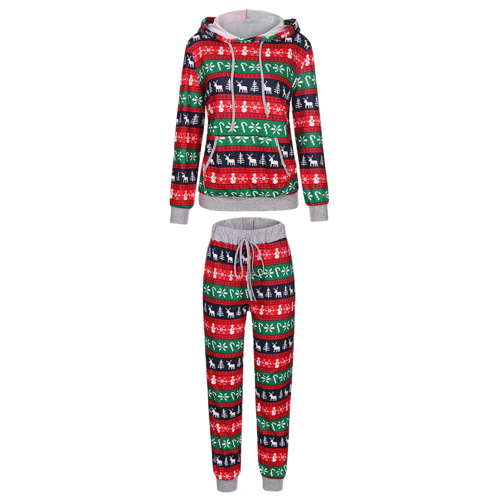 Christmas Plaid Print Hooded Drawstring Big Pocket Long Pants Set Women 2022 Spring Autumn New O Neck Top Pajamas Two Piece Suit