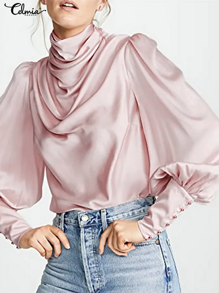 

Celmia Casual High Collar Office Tops Women Puff Long Sleeve Blouse Elegant Satin Silk Cowl Neck Shirt 2022 Summer Solid Tunics