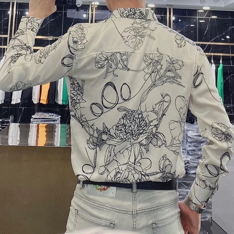 2022 Autumn Vintage Flower Print Shirts for Men Long Sleeve Loose Casual Shirt Shoulder Slip Business Social Party Tuxedo Blouse