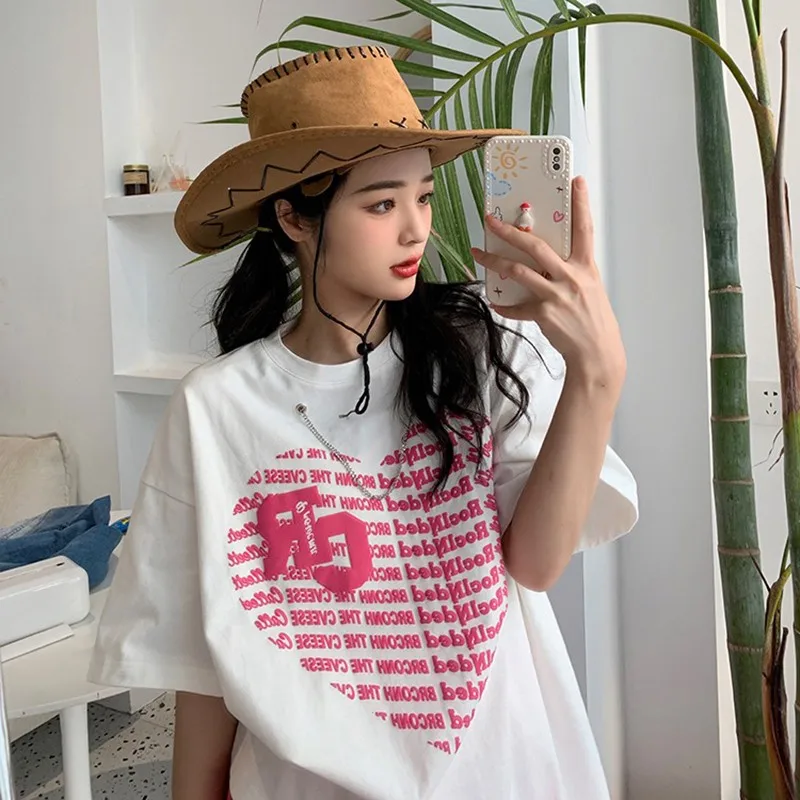 

New Arrival Summer Korean Style Women Loose Casual Short Sleeve Letter Print T Shirt Good Quality O-neck Cotton T-shirt V539