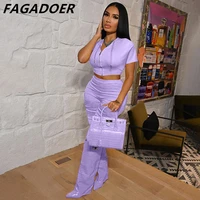 fagadoer autumn two piece set women short sleeve hooded zipper cropped coat pencil pants sets casual sporty stretchy outfits