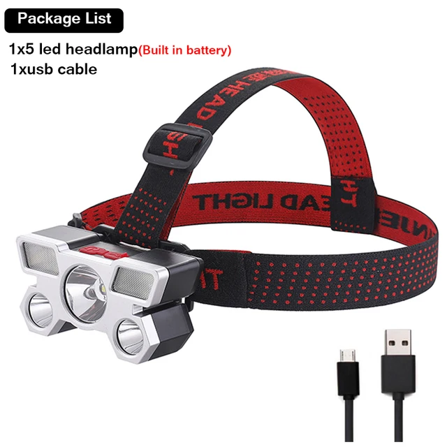  Фонарь налобный Аккумуляторный с 5 светодиодами и зарядкой от Usb 