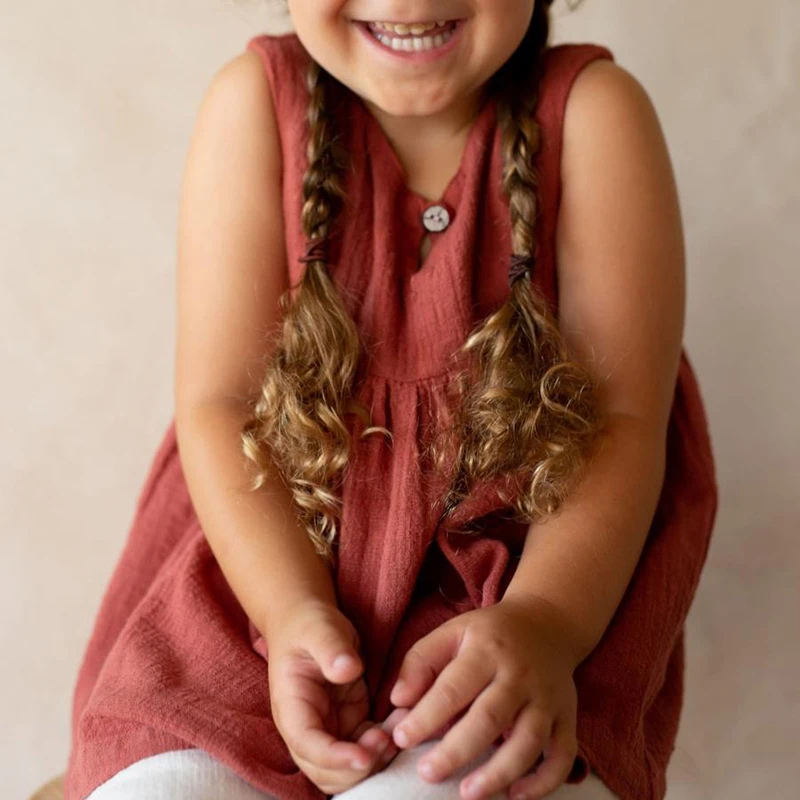 

100% Cotton Girls Retro Button Up Tops 2022 Summer New Toddler Baby Girl Sleeveless Casual Blouse TZ81