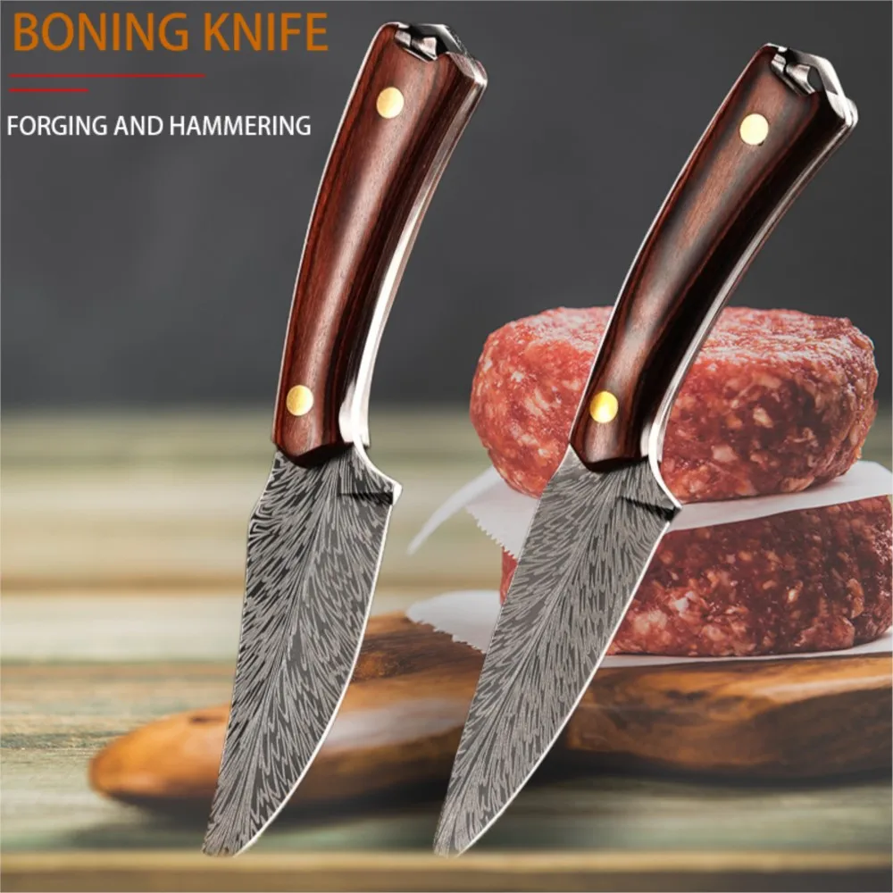 

Laser Damascus Pattern Boning Knife Butcher Knife Meat Cleaver Sharp High Carbon Steel Wood Handle Camping Knives With Cover