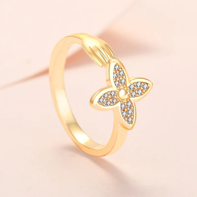 

New 2022 Designer Ring Gold Plated Four-leaf Clover Zircon Opening Ring