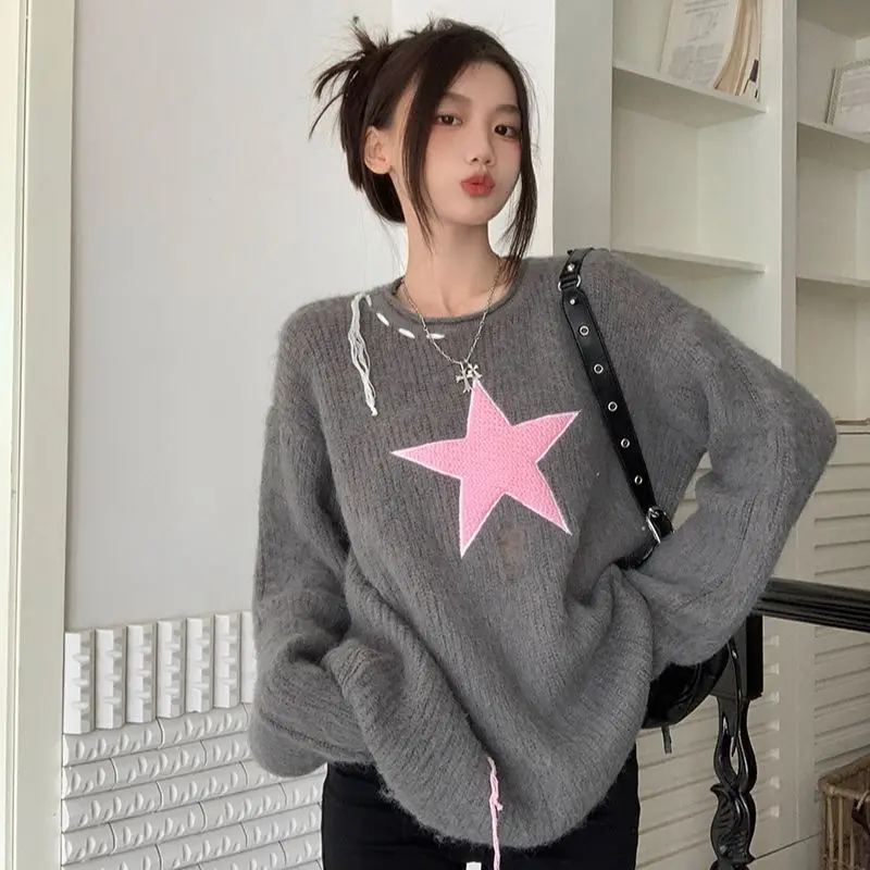 

Новинка 2022, осенне-зимний женский свободный модный вязаный свитер в стиле бойфренд с напуском, в стиле ретро, бесплатная доставка