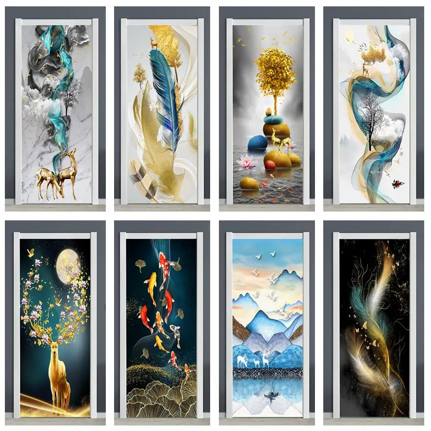 

Self Adhesive Door Sticker Deer Feather Fish Wallpaper Hallway Bedroom Decor Mural Peel & Stick Furniture Decoration Door Po