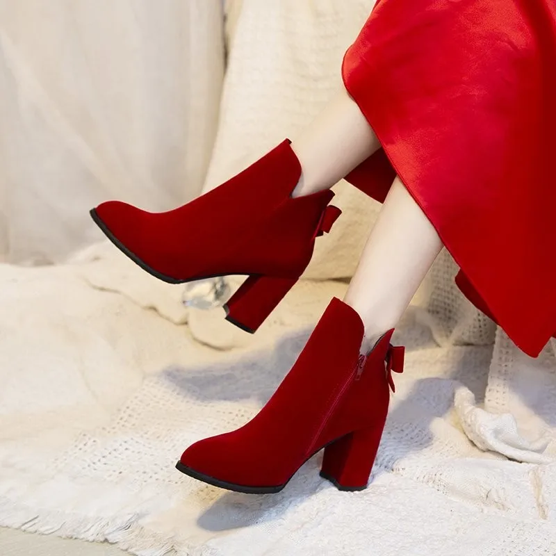 

Winter Women's Wedding Shoes Sexy Zipper Bow Chelsea Boots Modern Party Cashmere Pointed Casual Women's High Heels Red 2022 New