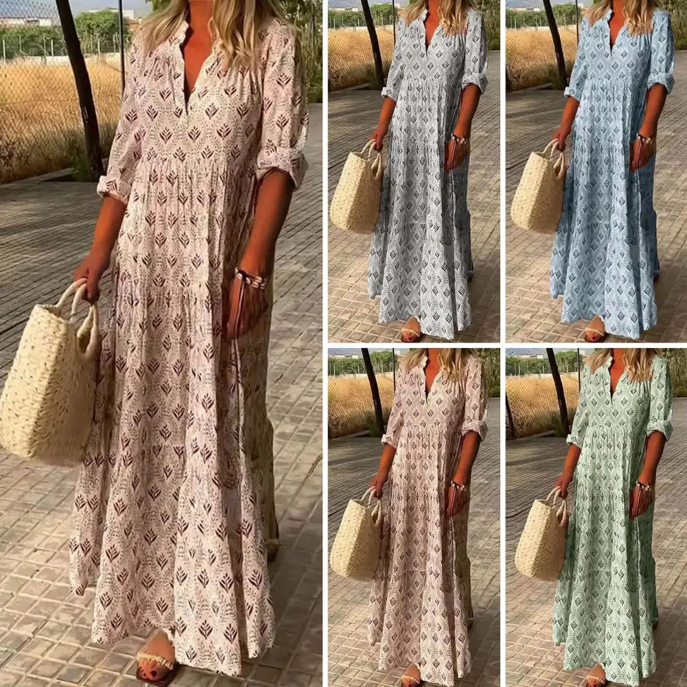 

Women Floral Print Long Dress Summer Casual V-Neck Half Sleeve Loose Big Swing Dress Female Vintage Bohemian Beach Maxi Dresses
