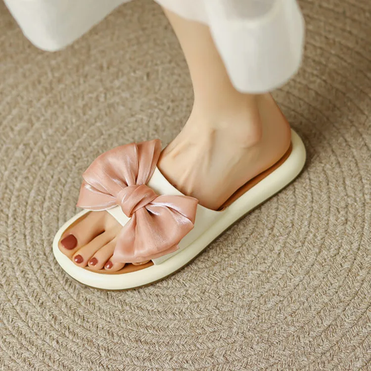 

Ins Designer2022 Summer Women Slides Beige Leather Casual Beach Platform Flats Pink Butterfly Knot Slippers Thick Sole Rubber