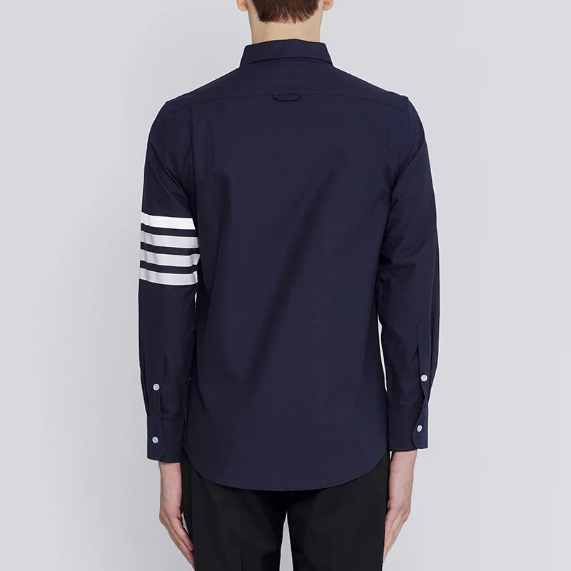 TB THOM Men's Shirt Navy Fashion Top Brand 4-Bar White Stripes Casual Oxford Fine Cotton Long Sleeve High Quality Women's Shirts