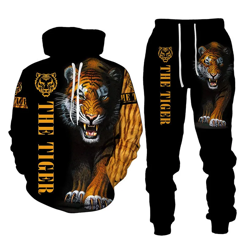 2023 Spring and Autumn Lion Tiger 3D Digital Print Hooded Sweater Men's Hooded Sweater Set Hoodie+Pants 2 Piece Set High Quality