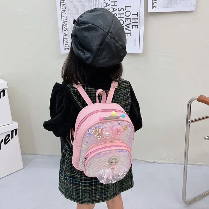 Children Anime Princess Small Backpacks In Kindergarten New Girls Sweet Sequin PU Flower Shoulder Bags with Pearl Drop Shipping