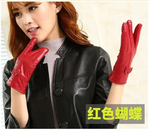 

Luva высококачественные удобные новые женские зимние утолщенные теплые бабочки из овчины модные кожаные женские красные перчатки
