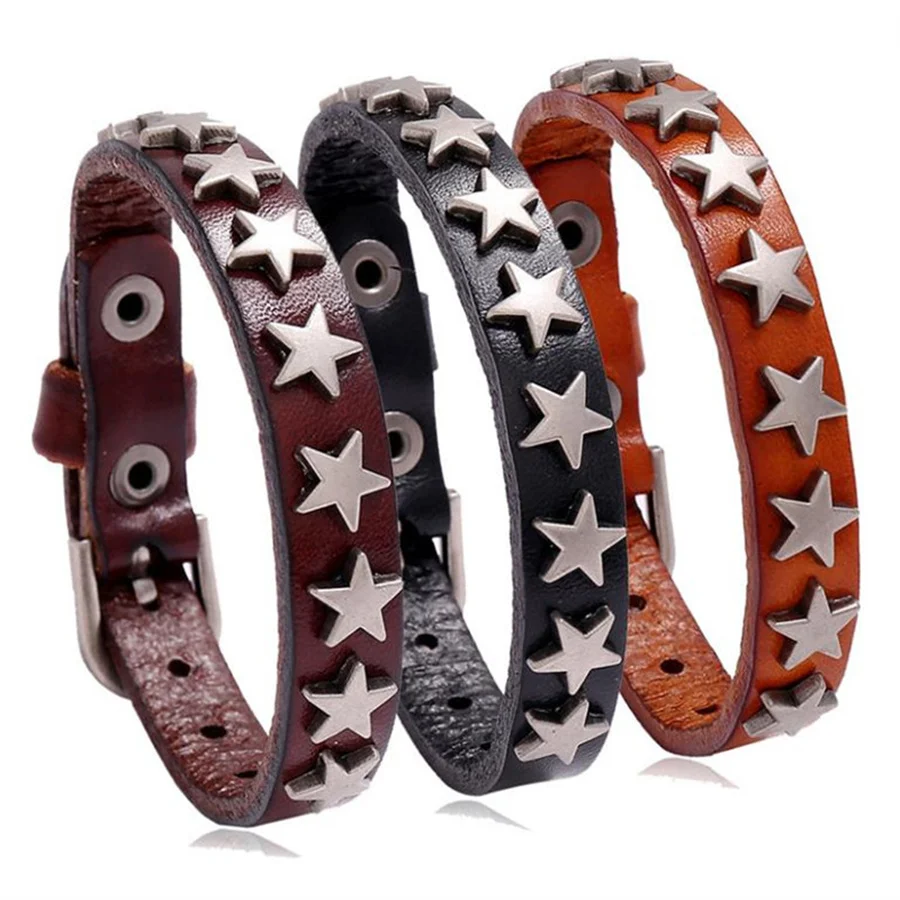 

New fashion Punk Rock Wrap Leather Bracelet Men Vintage Star Spikes Rivet Gothic Wide Cuff Bracelets For Women couple Jewelry