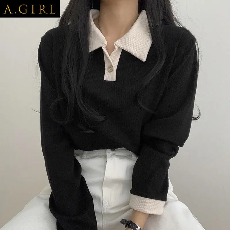 

Sweatshirts Women Patchwork Simple Design Turn Down Collar Mujer Spring Stylish Vintage Ulzzang Basic Comfortable Holiday Teens