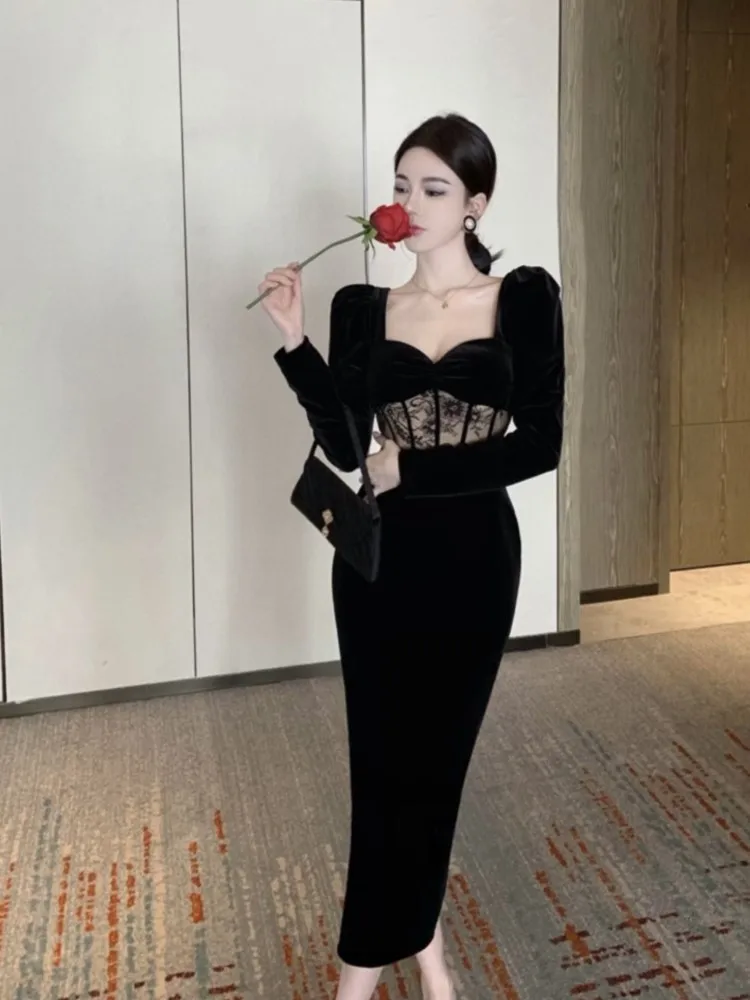 Женское осенне-весеннее новое элегантное черное сексуальное облегающее