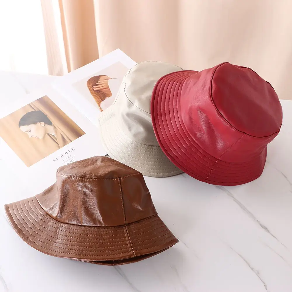 

Women Men Outdoor Hiking Foldable PU Bucket Hat Fisherman Cap Leather Sun Caps