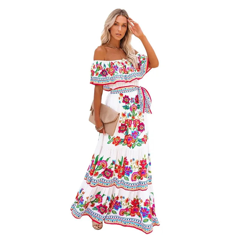 Летние женские белые платья с цветочным принтом длинные юбки открытыми плечами