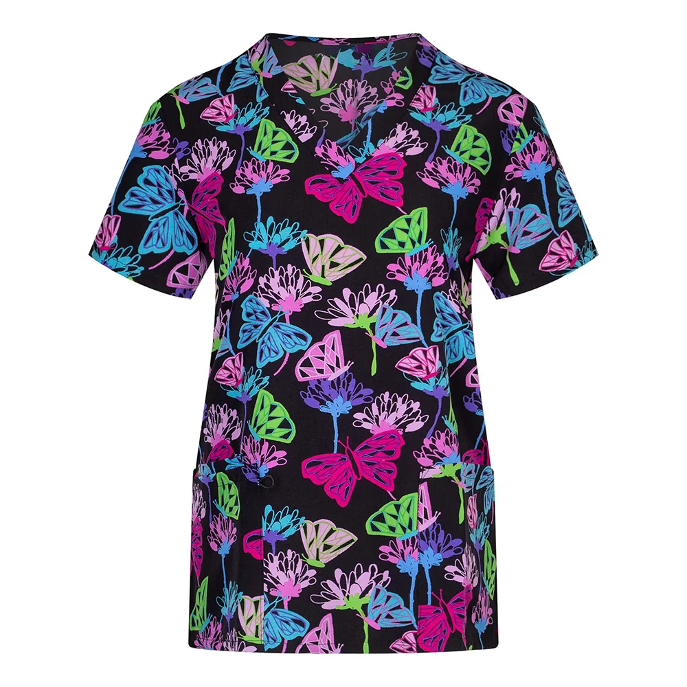 Женская медицинская мода с цветочным принтом и v-образным вырезом топы для