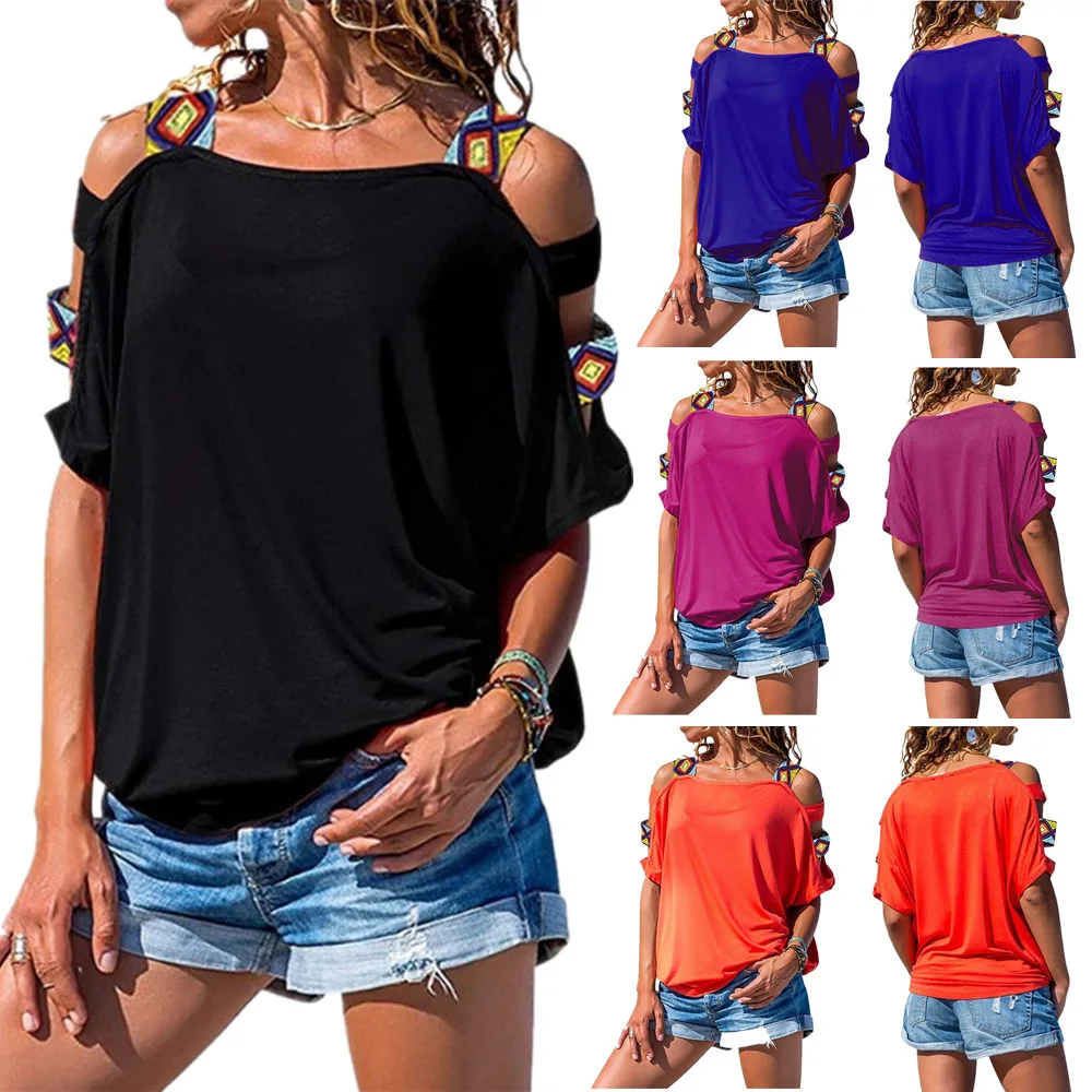 

2023 New Women's Solid Hollow Short Sleeve Off Shoulder T-shirt Top