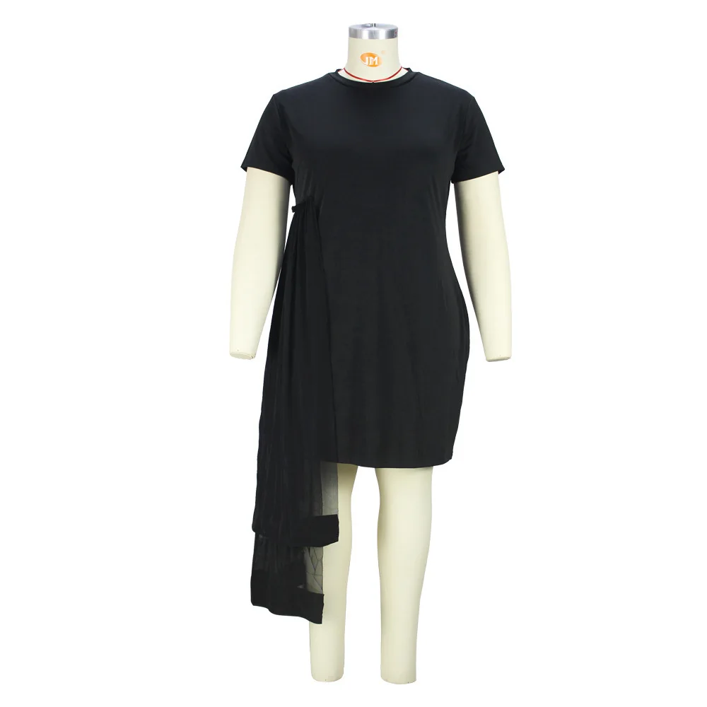 Plus Size Women's Dress 2023 New Large Women's Summer Short Sleeve Korean Fitting Mesh Stitching Irregular Perspective Dress