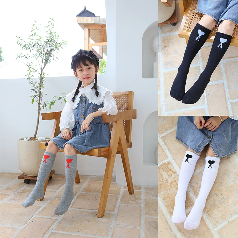 

New Fashion Kids Girls Spring Autumn Over Keen High Socks Playing Card Heart A Embroidery Baby Children Calf Middle Tube Socks