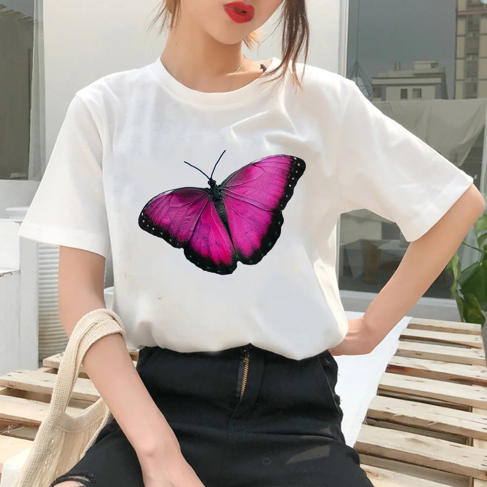 

Недорогой Женский пуловер Ulzzang с коротким рукавом и принтом бабочки, Новинка лета 2022, белая футболка свободного кроя, с круглым вырезом, бесп...