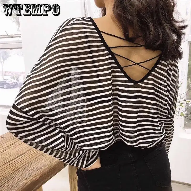 

V-neck See-through Sexy Back Lace-up Crossover Loose T-shirt Punk Long Sleeve Sun Protection Clothing Women's Summer Thin Top