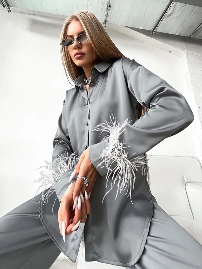 

2022 Autumn Winter Women Elegant Office Satin Silk Pants Set Office Suit Outfits Loose Fit Solid Pants 2 Two Piece Matching Set