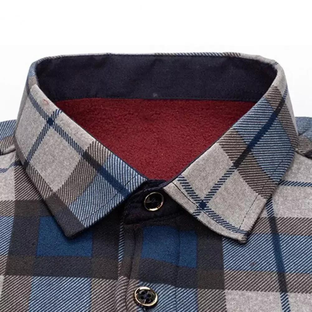 Single-breasted Plaid Thicken Warm Soft  Lapel Formal Cardigan Autumn Shirt for Daily Wear Sizes Autumn Fleece Shir For Men