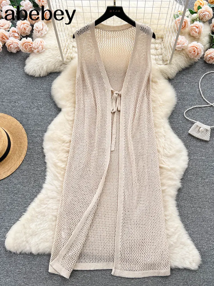 

Женское трикотажное платье без рукавов, повседневное длинное ажурное корейское платье с V-образным вырезом и поясом на резинке, лето 2023