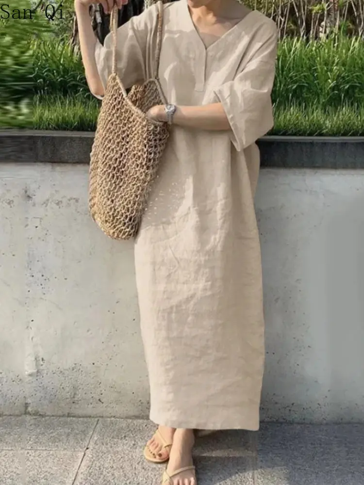 

2023 Spring New Women's Long Dress Casual Solid V Neck Streetwear Loose Dress Korean Fashion Elegant Oversize Robe VintageDress