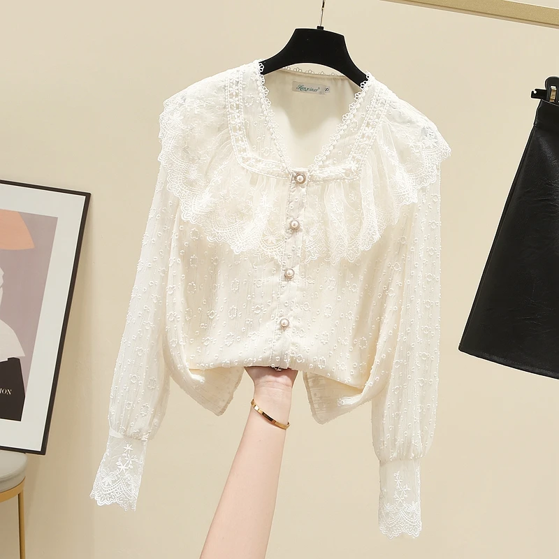

Женская кружевная рубашка с оборками CANSEN, корейский топ с длинными рукавами и V-образным вырезом, однобортная блузка на осень