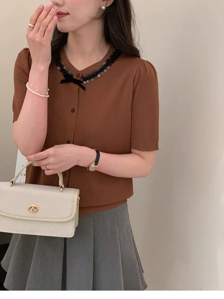 Женский флисовый вязаный кардиган с коротким рукавом и круглым вырезом