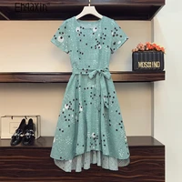 ehqaxin summer new ladies dresses 2022 fashion french loose high waist polka dot chiffon floral lace up a line dress women m 4xl