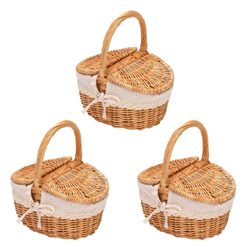 

3X Handmade Wicker Basket With Handle, Wicker Camping Picnic Basket With Double Lids, Shopping Storage Hamper Basket