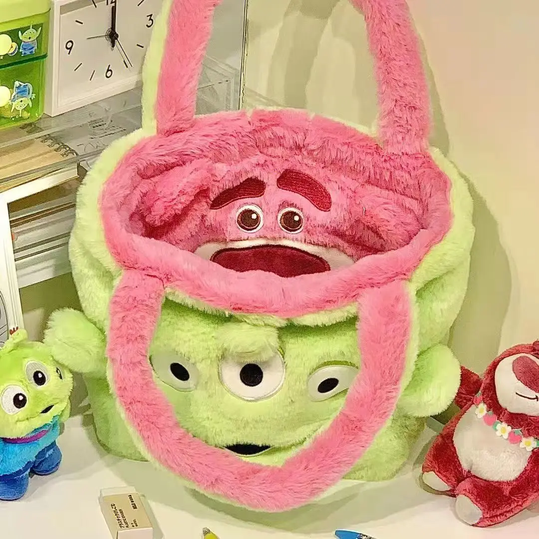 Disney Strawberry Bear Three Eyes Double Bread New Plush Bag Cute Cartoon Work Tote Bag Large Capacity Shoulder Bag
